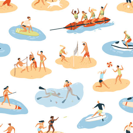 Diverse people enjoying summer outdoor activity seamless pattern. Happy man and woman having leisure...