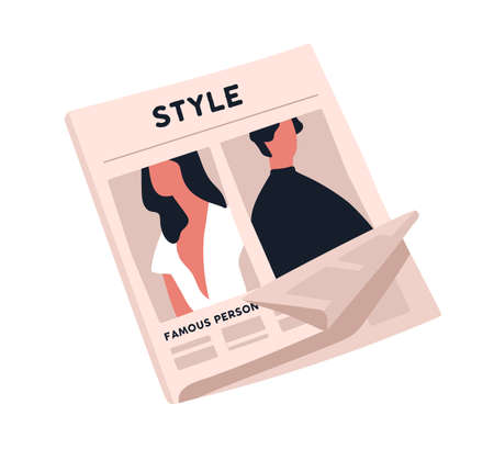 Fashion newspaper with crumpled page vector flat illustration. Paper magazine sheet with stylish man...