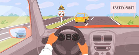 Male hands driving car moving on highway vector illustration. Driver riding on road inside of automobile. Safety first billboard, keep a distance and rise. Vehicle panel view during auto journeyのイラスト素材