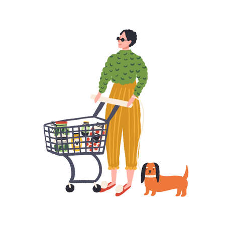 Trendy woman and dog with shopping trolley full of products vector flat illustration. Stylish hand drawn female buyer with basket carry food isolated on white. Customer during purchasingのイラスト素材