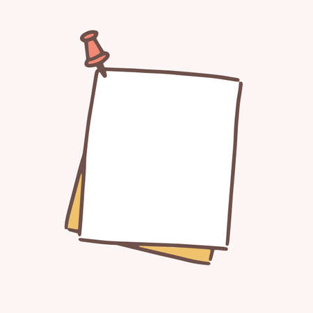 Clean hand drawn paper sheet attached with drawing pin vector flat illustration. Reminder blank pinned at wall ready to write memo, notes, announcement or message isolated on white backgroundのイラスト素材