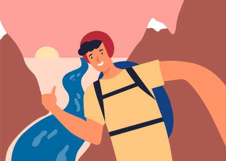 Smiling guy posing at natural landscape vector flat illustration. Popular travel   standing on...
