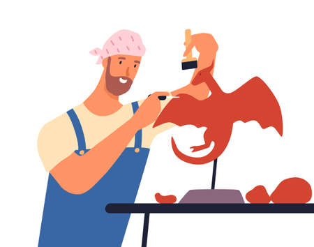 Male artist create sculpture of mythology dragon vector flat illustration. Creative sculptor in overalls holding equipment isolated on white. Man working with plaster or gypsumのイラスト素材