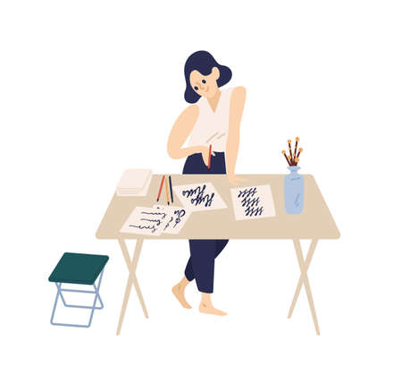 Joyful woman holding pen practicing calligraphy script vector flat illustration. Smiling female writing letters on paper sheet standing near table isolated on white. Creative girl enjoy lettering.のイラスト素材