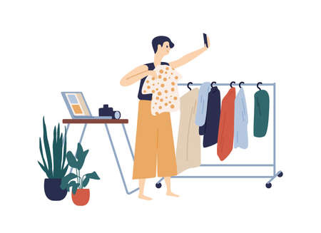 Female fashion blogger making clothes review recording video use smartphone vector flat illustration. Woman stylist demonstrate fashionable purchases isolated on white. Modern girl enjoying bloggingのイラスト素材