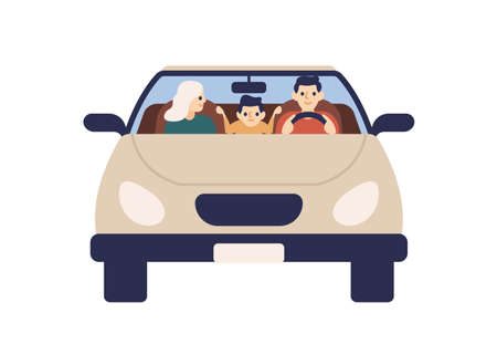 Happy family riding on car together front view vector flat illustration. Smiling father, mother and son ride on automobile together isolated on white. Cheerful male driver and passengers at vehicleのイラスト素材