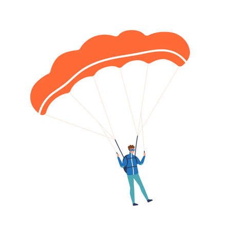 Active guy enjoying parachuting extreme sport vector flat illustration. Male skydiver practicing dangerous hobby with parachute isolated on white. Colorful parachutist with professional equipmentのイラスト素材