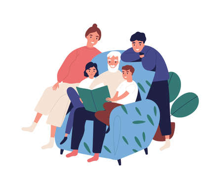 Grandfather and relatives reading book sitting on armchair vector flat illustration. Big happy family spending time together isolated on white. Old man with children and grandchildren relax at home.のイラスト素材