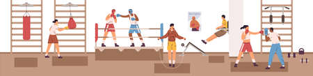 Sports man and woman exercising at box club vector flat illustration. Diverse people in boxer gloves practicing fight each other on arena ring or punching bag. Person training at gymのイラスト素材