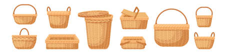 Set of various realistic empty wicker baskets vector illustration. Collection of straw handmade container or pannier isolated on white background. Decorative accessories for storage or carryingのイラスト素材