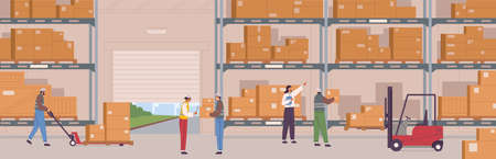 People in safety clothes work at warehouse vector flat illustration. Man and woman inside storage of logistic delivery service. Staff surrounded by boxes on rack and transport of storehouse interiorのイラスト素材