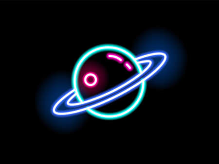 Bright neon light Saturn shape vector flat illustration. Colorful planet with ring symbol isolated...