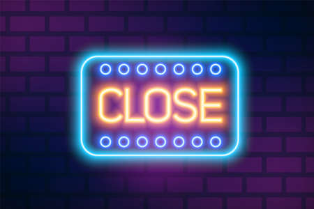 Bright neon signboard with close inscription vector flat illustration. Colorful nameplate text of closed store, cafe or restaurant with decorative design elements isolated on brick wall backgroundのイラスト素材