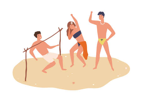 Group of happy friends dancing limbo on sand vector flat illustration. Smiling man and woman in swimsuits pass under bar with incline isolated on white. Relaxed people enjoying summer beach partyのイラスト素材