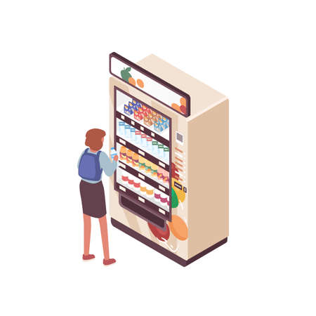 Student woman with backpack buying bottle of water in vending machine vector isometric illustration. Female use automated self service interactive kiosk with snack and beverage isolated on whiteのイラスト素材