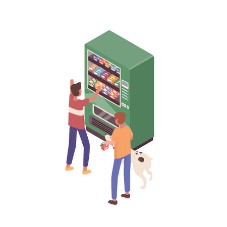 Kids with dog buying snacks at vending machine vector isometric illustration. Children choosing junk food and sweet together isolated on white. Funny friends use modern self service interactive kioskのイラスト素材