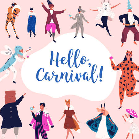 Festive people in mask and carnival apparel celebrating holiday vector flat illustration. Happy man and woman having fun at theme party isolated. Smiling person at masquerade in animals costumeのイラスト素材