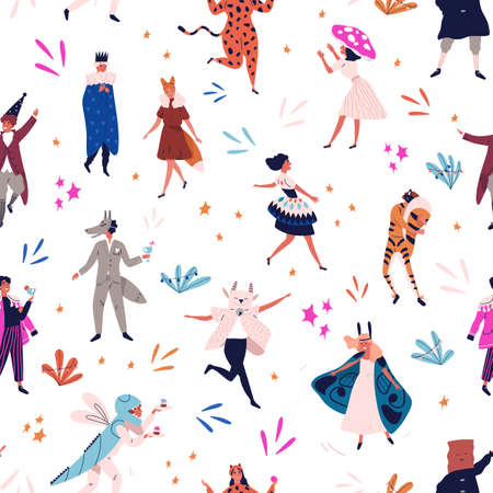 Happy festive man and woman in funny masquerade apparel seamless pattern. Joyful people at carnival party vector flat illustration. Smiling cute person in mask dance and jump celebrate holidayのイラスト素材