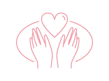 Human hands with heart vector flat illustration in line art style. Symbol of love, care and protection in palms isolated on white background. Contour emblem of kindness and charityのイラスト素材