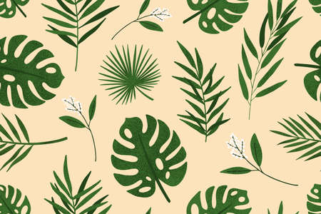 Fresh colorful leaves and branches of tropical plants seamless pattern. Bright jungle print vector...