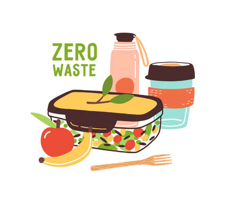 Colorful Zero Waste lunch vector flat illustration. Eco friendly durable and reusable items - thermo mug, vacuum flask, lunch box, vegan food and wooden fork isolated on white backgroundのイラスト素材