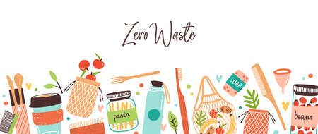 Colorful background with Zero Waste durable and reusable items or products. Elements of eco friendly, no plastic and go green style vector flat illustration. Goods with design elements isolatedのイラスト素材