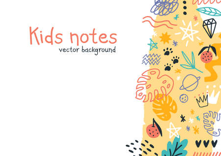 Kids notes vector colorful horizontal background. Hand drawn elements, animals, plants, symbols isolated on white. Decorative modern funny childish scribble in naive doodle styleのイラスト素材