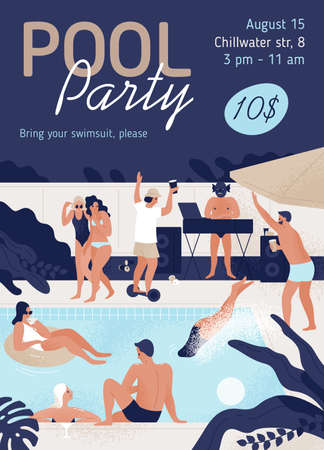 Invitation template of pool party with place for text vector flat illustration. Promo poster of open air entertainment event. People have fun at outdoor discotheque - dance, swim, drink cocktailsのイラスト素材