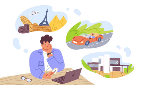Man think about house, car and vacation vector flat illustration. Pensive dreamer male hold bank card use laptop isolated on white. Thoughtful guy dreaming on future purchases or how spend moneyのイラスト素材