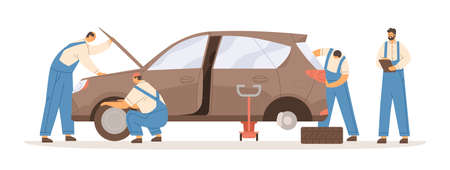 Group of male mechanics working at car repair service vector flat illustration. Professional workman in overalls during maintenance automobile isolated on white. Lifting and checking of vehicleのイラスト素材