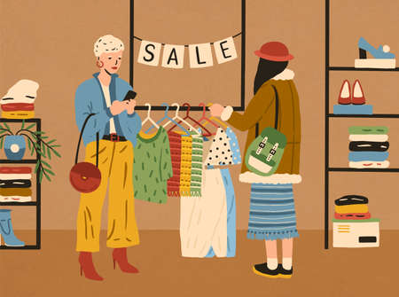 Two modern fashion female use smartphone and choosing clothes in boutique vector flat illustration. Woman customer looking at colorful apparel on hanger. Stylish girl enjoying shopping during saleのイラスト素材