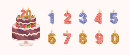 Set of isolated burning number shaped candles for celebration. Birthday chocolate cake for anniversary and candles for each year flat vector illustration on light backgroundのイラスト素材