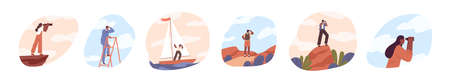 Set of people look into future vector flat illustration. Collection of man and woman stand on...