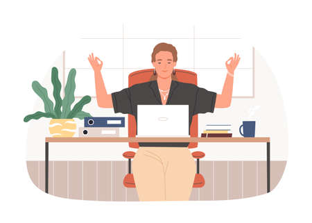 Businesswoman with closed eyes meditating at workplace vector flat illustration. Relaxed female sitting at desk with laptop practicing yoga isolated on white. Woman during stress relief at officeのイラスト素材