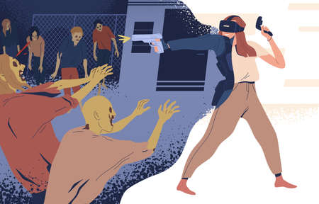 Modern woman in virtual reality glasses shooting on zombie vector illustration. Female with gun...