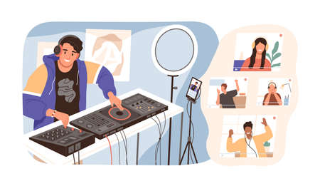 Modern guy online dj mixing music at live stream vector illustration. Smiling man in headphones have virtual party with diverse people isolated. Joyful male create sound entertainment for audience.のイラスト素材