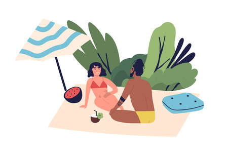 Relaxing people, sunbathing couple on beach. Woman and man sitting, talking, chilling, lounge time. Summer vacation, relaxation under umbrella in cartoon flat illustration isolated on white backgroundのイラスト素材