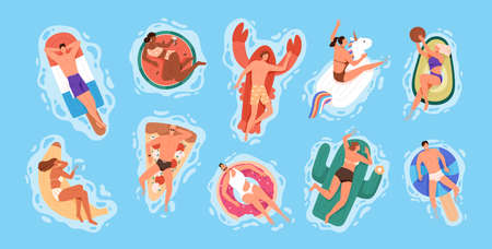 Set of resting people sunbathe on rubber rings, in sea or swimming pool. Inflatable circle of avocado, bite donut, unicorn, crab, banana, watermelon shapes in cartoon flat vector illustration.のイラスト素材