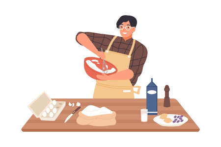 Happy guy in apron mixing ingredients preparing dough in bowl vector flat illustration. Smiling man cooking dessert at kitchen table isolated on white. Preparation homemade pastry or baking.のイラスト素材