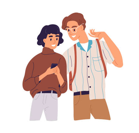Happy couple look at screen of smartphone together vector flat illustration. Smiling man and woman read news or message having positive emotion isolated. Joyful people smiling hold mobile phone.のイラスト素材