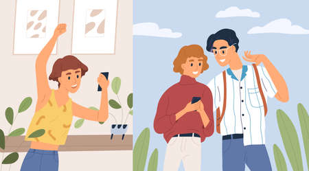 Joyful woman and couple messaging having positive emotion vector flat illustration. Smiling people enjoying online communication hold smartphone. Happy person use modern digital display technology.のイラスト素材