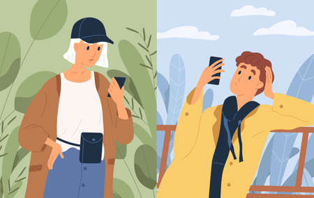 Couple chatting looking at screen of smartphones vector flat illustration. Casual woman and pensive man communicating online use app messenger. People having internet conversation to each other.のイラスト素材