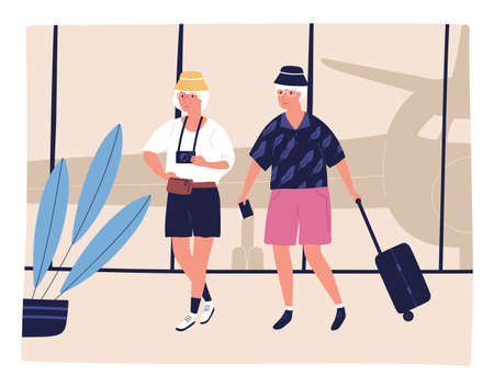 Elderly couple tourist going on terminal at airport vector flat illustration. Man and woman carry suitcase preparing to boarding at aircraft. Mature pair before flight departure on summer vacation.のイラスト素材