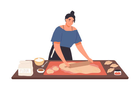 Smiling housewife preparing dough use rolling pin on kitchen table vector flat illustration. Happy female cooking croissant with jam filling isolated on white. Preparation homemade baking.のイラスト素材