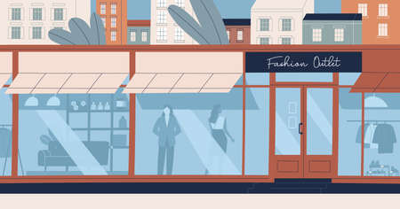 Fashion outlet, mass market apparel store, trendy clothing boutique, front facade of shopping center. Women, buyers or customers inside modern city building. Flat cartoon colored vector illustrationのイラスト素材