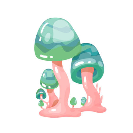 Composition of exotic colorful magical fairy tale mushrooms with green cap and pink leg vector illustration. Bright psychedelic fungus with decorative design elements isolated on white backgroundのイラスト素材