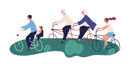 Active grandparents ride tandem bicycle with their children, grandchildren outdoors. Happy family spend time in park cycling, retirement. Flat vector cartoon illustration isolated on white backgroundのイラスト素材