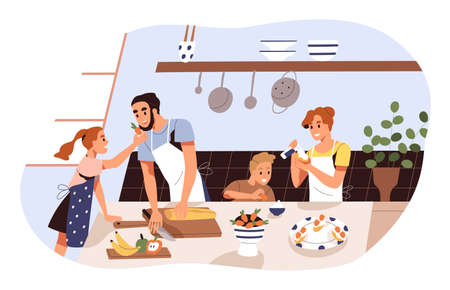 Smiling family cooking and trying dessert together vector flat illustration. Mother, father and children preparing strawberry with whipped cream isolated. Parents and kids spending time at kitchenのイラスト素材