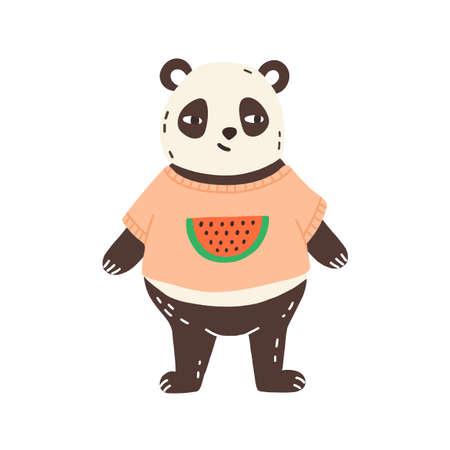 Childish character, funny panda portrait in t shirt, watermelon print. Cute bear, teddy hugs, animal toy. Hand drawn, decorative, decoration element. Flat vector cartoon illustration isolated on whiteのイラスト素材