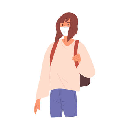 Woman with backpack wearing face mask vector flat illustration. Casual female standing in medical respirator isolated on white. Coronavirus epidemic and pandemic protection. Virus disease preventionのイラスト素材